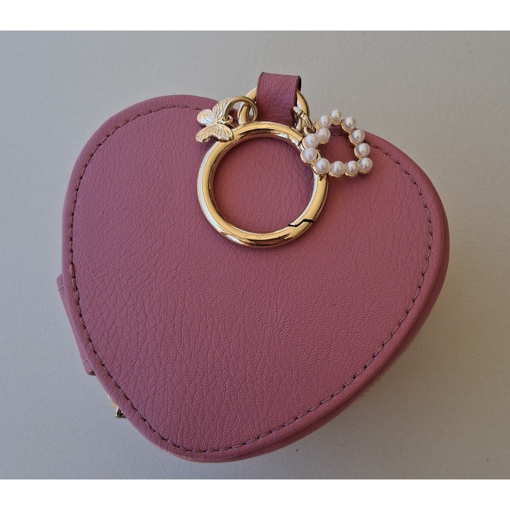 Compact Pink Heart Shaped Leatherette Jewelry Case Zipper Pocket Travel Storage